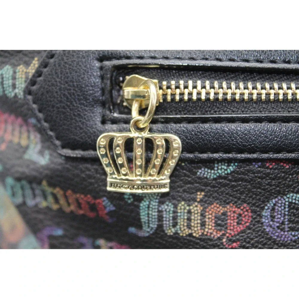 Juicy Couture Rainbow Logo Print Satchel Duffel Shoulder Bag Black Crown Charm